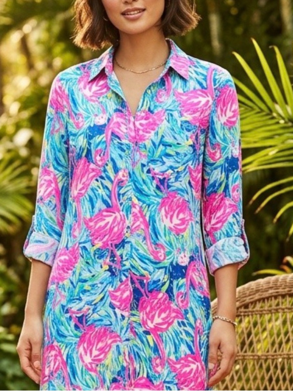 Lilly Pulitzer Size Medium Flamingo Print Button-Front Dress with Pockets